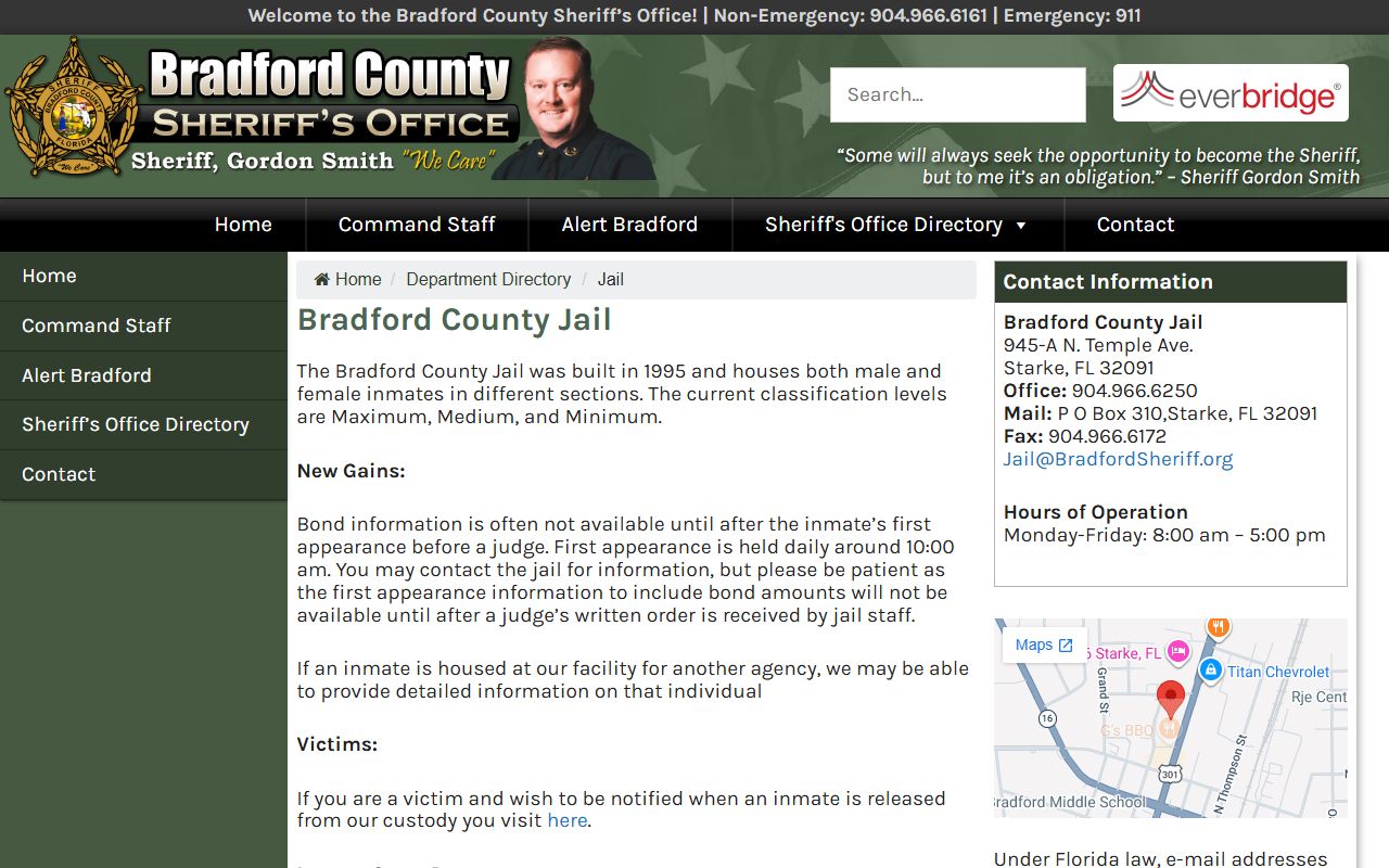 Official Bradford County Jail page with inmate search, first appearance note, and contact block