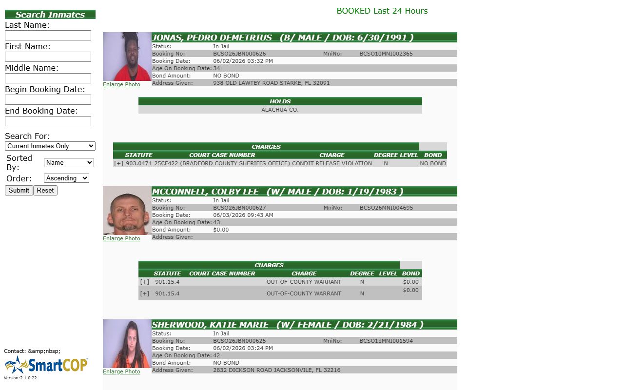 Bradford County SmartWeb jail roster inmate search form and booking list