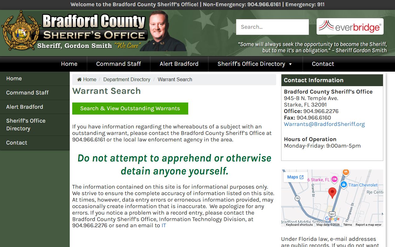 Bradford County Sheriff warrant search page leading to an arrest and court records