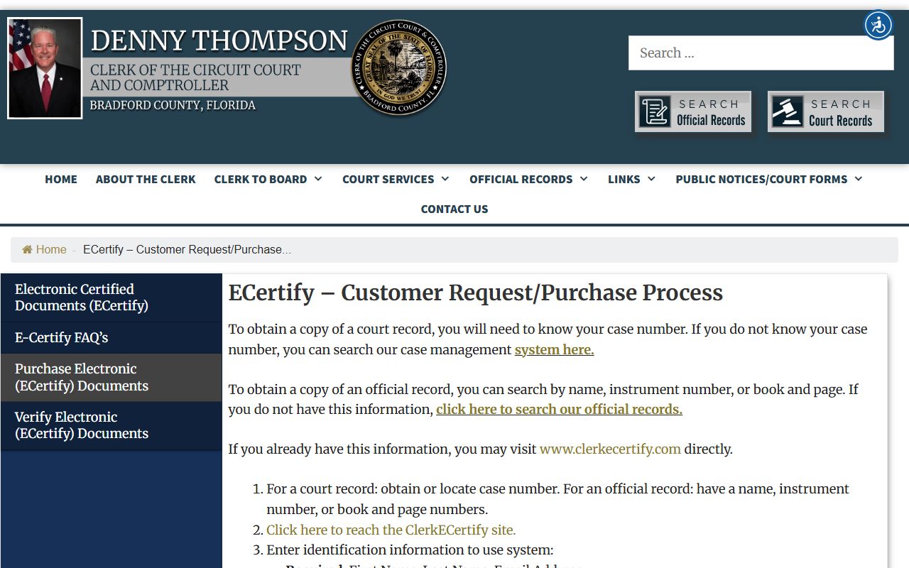 Bradford County Clerk eCertify process for certified court records after an arrest