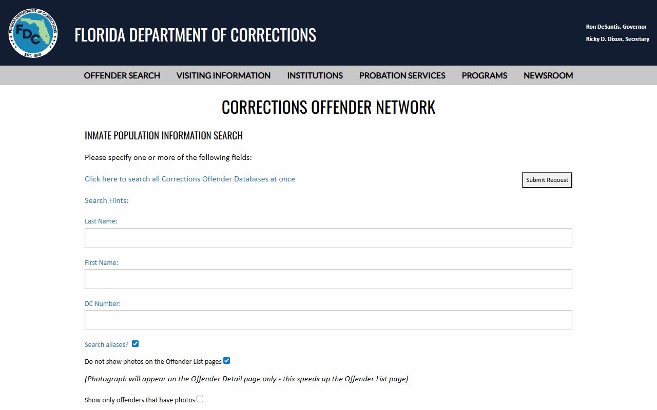 Florida Department of Corrections inmate population search for sentenced Bradford County state prisoners