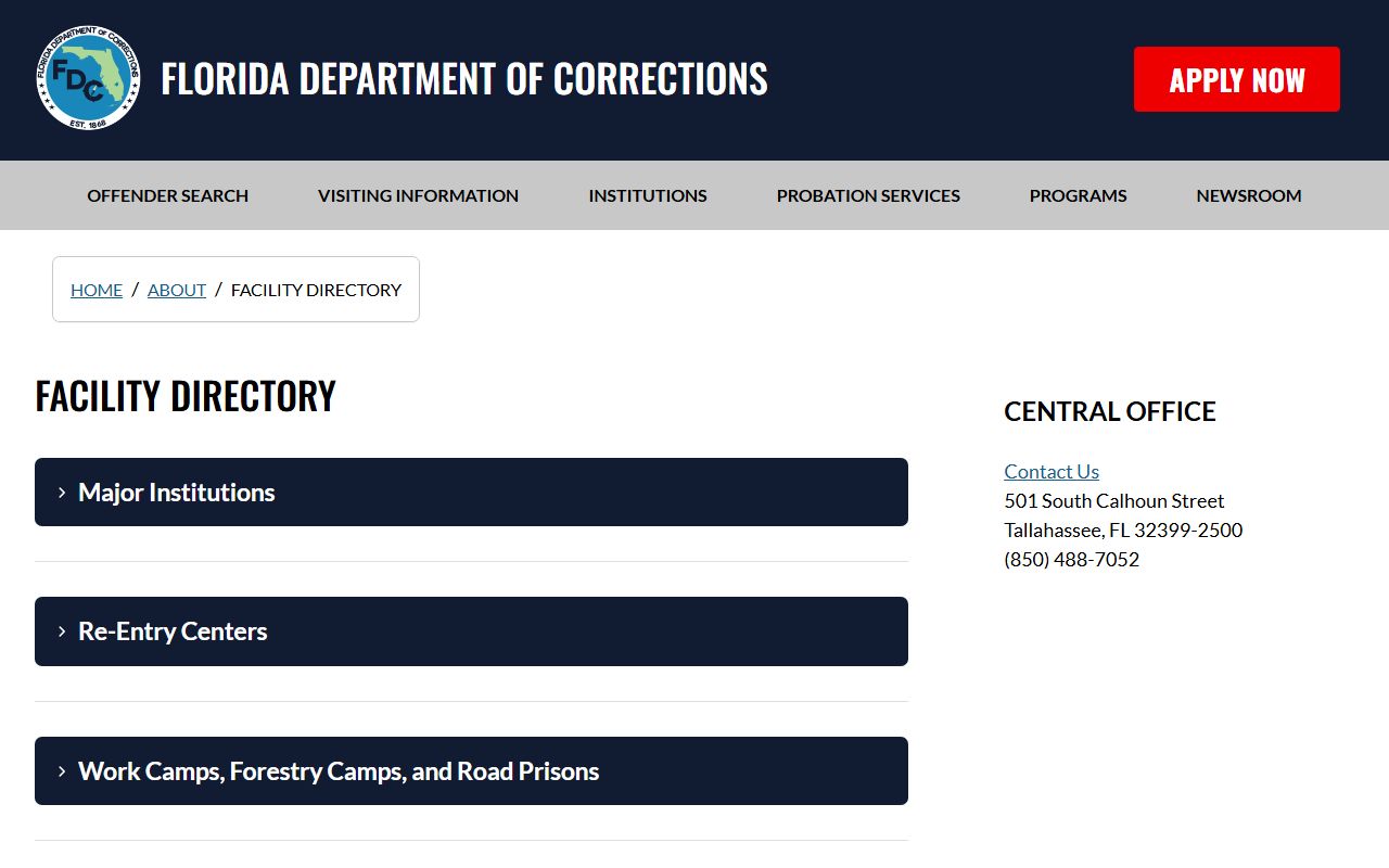 Florida Department of Corrections facility directory listing Florida State Prison near Raiford in Bradford County