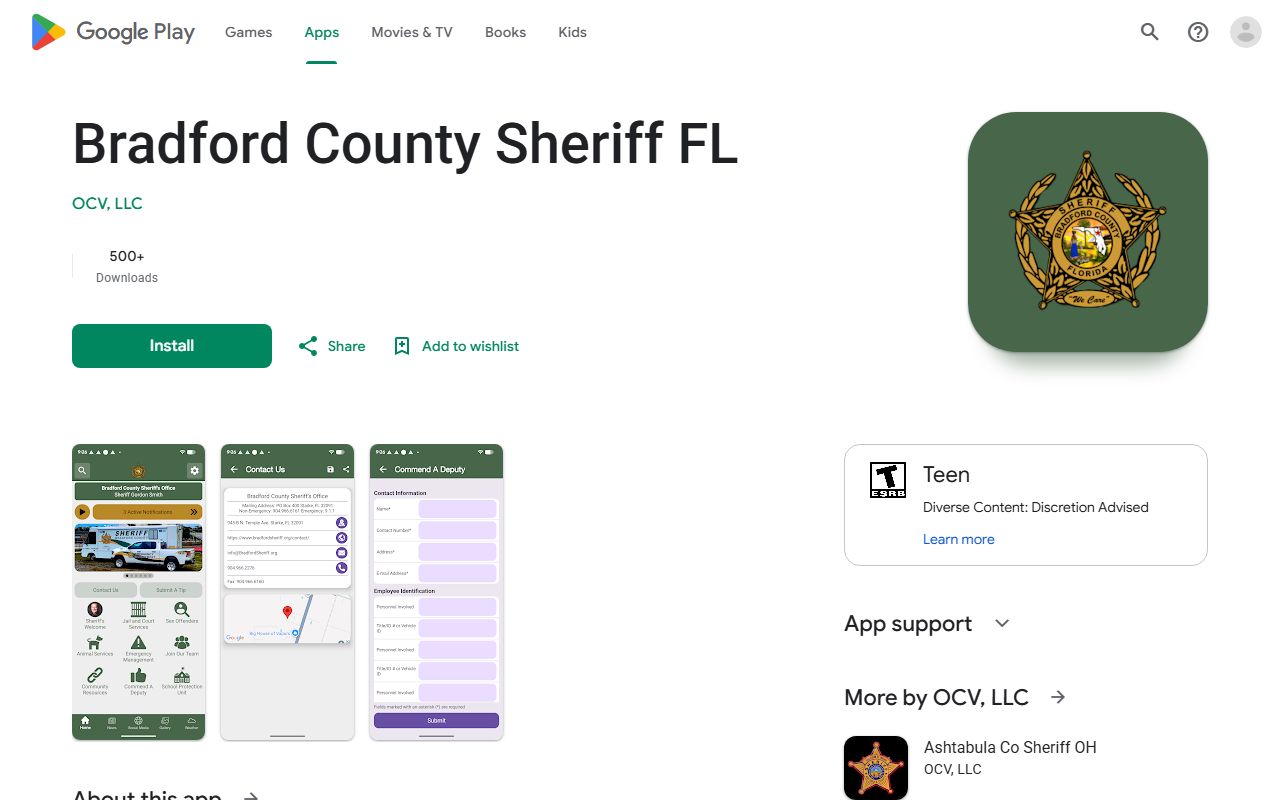 Bradford County Sheriff FL mobile app listing on Google Play for inmate population resources